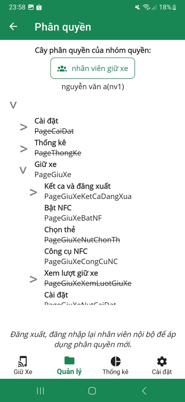 Chia quyền nhân viên giữ xe IO