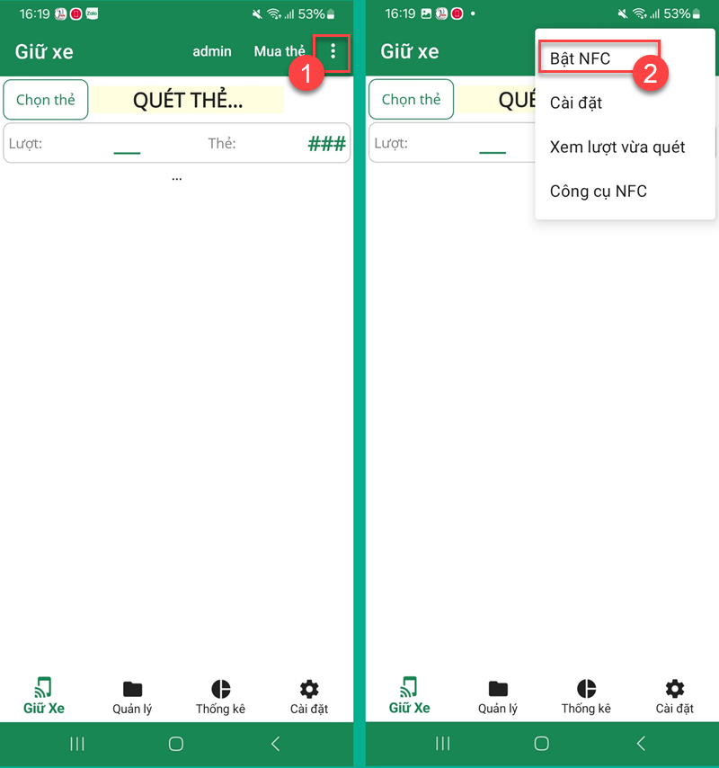 Quẹt thẻ NFC phần mềm giữ xe IO không được